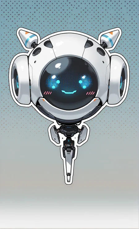 masterpiece, sharp detail, intricate detail, <lora:Improved Anime Drones:0.8> science fiction, non-humanoid robot, drone, smile, facing viewer, blush, floating, (white outline, outline, thick outline:1.5), (polka dot background. big polka dot, ), gradient background, soft gradient,