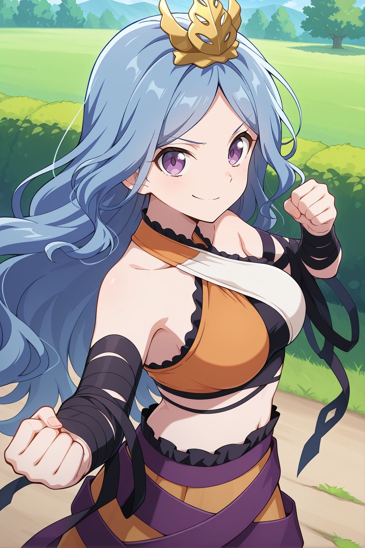 absurdres, highres, masterpiece, best quality, amazing quality, official anime artwork, screencap, anime screencap, outdoors, looking at viewer, dynamic pose, 
 <lora:Ubame-Chirizuka_Illustrious:1> chirizuka ubame, 1girl, solo, purple eyes, blue hair, long hair, wavy hair,, gold crown, bare shoulders, multicolored crop top, sleeveless shirt, black arm wrap, black ribbon, midriff, orange skirt, purple ribbon, fighting stance, sanctuary, confident smile,