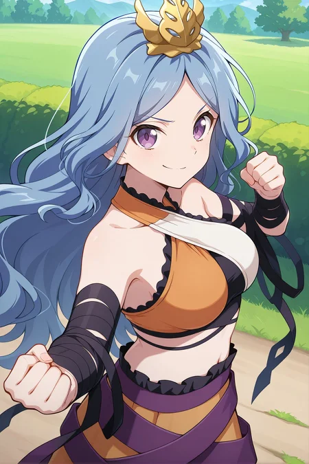 absurdres, highres, masterpiece, best quality, amazing quality, official anime artwork, screencap, anime screencap, outdoors, looking at viewer, dynamic pose,
<lora:Ubame-Chirizuka_Illustrious:1> chirizuka ubame, 1girl, solo, purple eyes, blue hair, long hair, wavy hair,, gold crown, bare shoulders, multicolored crop top, sleeveless shirt, black arm wrap, black ribbon, midriff, orange skirt, purple ribbon, fighting stance, sanctuary, confident smile,