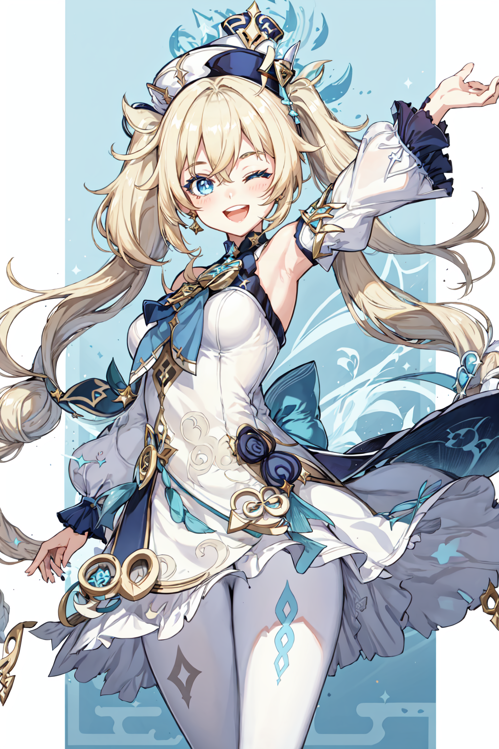 Genshin Impact Style,  1girl,  solo,  long hair,  looking at viewer,  smile,  open mouth,  blue eyes,  blonde hair,  long sleeves,  hat,  dress,  bow,  bare shoulders,  twintails,  pantyhose,  frills,  detached sleeves,  one eye closed,  white dress,  arm up,  book,  white headwear,  drill hair,  ;d,  twin drills,  white pantyhose,  white sleeves,  vision (genshin impact), <lora:EMS-43350-EMS:1.000000>