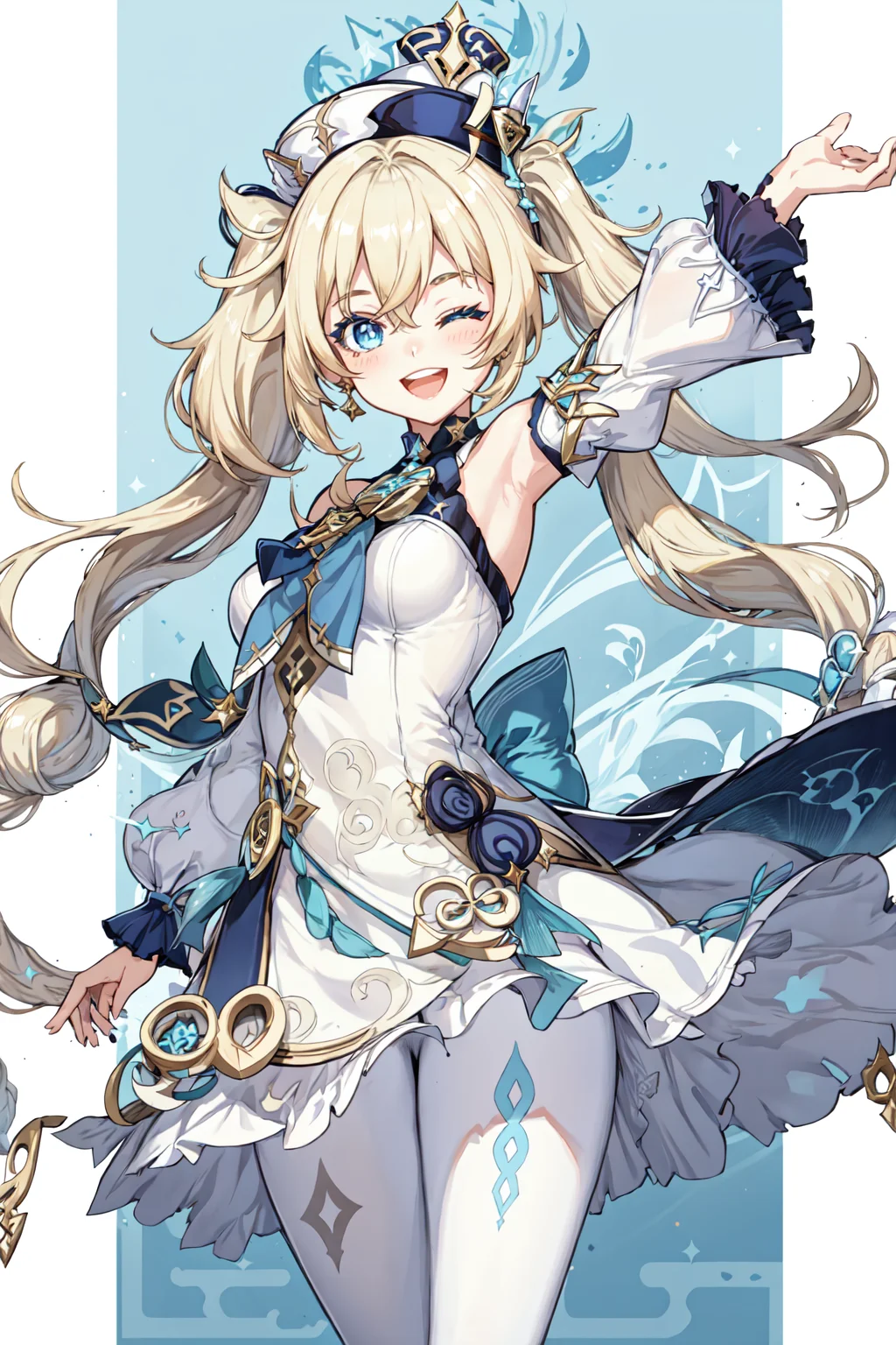 Genshin Impact Style, 1girl, solo, long hair, looking at viewer, smile, open mouth, blue eyes, blonde hair, long sleeves, hat, dress, bow, bare shoulders, twintails, pantyhose, frills, detached sleeves, one eye closed, white dress, arm up, book, white headwear, drill hair, ;d, twin drills, white pantyhose, white sleeves, vision (genshin impact), <lora:EMS-43350-EMS:1.000000>