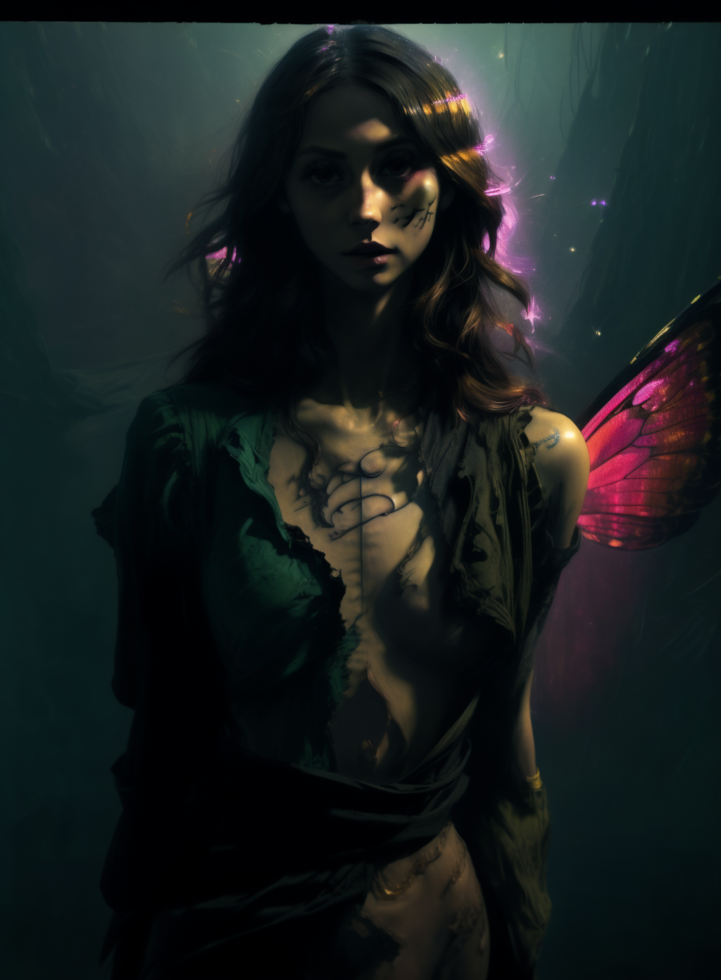 <lora:br_max-000014:0.8> 1girl, solo, long hair, lipsn
(masterpiece) (Fuji film)  painting of  (rough sex:1.2) by Greg Rutkowski, by Leonardo Da Vinci, By Michelangelo, by Elina Brotherus,  (perfect anatomy) (narrow waist:1.1) (heavenly torn clothes) by Daniel F. Gerhartz, (hyperrealistic oil painting:0.77), extremely detailed eyes, detailed face, 4k, volumetric lighting dynamic lighting, Rembrandt lighting, <lora:more_details:0.5>  dlsr, highres, high resolution, intricately detailed, colluseum, (character focus:1.1), depth of field, anatomically correct hand, perfect anatomy, ideal limbs, ideal arms, ideal hands, in forest fantasy grove
<lora:Sally-10v8:0.6> sally, stitches, long hair, simple background, looking at viewer, makeup, black background, grey skin, large breasts, navel, night, black eyes    
arcs fighting in the background war
butterfly wing textures, butterflies fantasy hearts neon threads <lora:epi_noiseoffset2:0.9>  <lora:weight_slider_v2:-0.9>  <lora:eyelashes_slider_v3:1.2> <lora:breastsizeslideroffset:0.2> (adult) (Fujifilm) <lora:GoodHands-beta2:1> , looking down, ripped thighs, (excessive mystical tattoos:1.06) (reluctant) nsfw (shy giggling:), (volumetric lighting), (dynamic lighting), godrays, Rembrandt lighting, real shadows, intricate detail, photorealistic, photograph, photo, dlsr, FujiFilm, extremely high detail