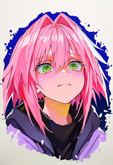 masterpiece,best quality,absurdres, amazing quality, hi res, masterpiece, best quality, detailed, amazing quality, detailed face, detailed eyes, clean eyes, best quality, highres, very aesthetic, newest, ultra-detailed, illustration, (best quality:1.1),ultra-detailed, high resolution, super detailed skin, beautiful detailed eyes, nsfw, Brightly Lit, Highly Visible, 8k, sharp focus, beautiful, perfect lighting, beautiful eyes, anatomically correct, anatomically correct face, extremely detailed eyes, smooth edges, beautiful face, symmetrical eyes, symmetrical face, BREAK 748cmstyle, newest, (colorful:0.5), (lineart:0.8), (silhouette:0.4), StainedArt_IL, sketch, paint splatter, Spill Art, coffee spill art, 1girl, female focus, undercut, pink hair, short hair, astolfo, green eyes, tears, hoodie, portrait, hood down, spiked hair, crying with eyes open, closed mouth