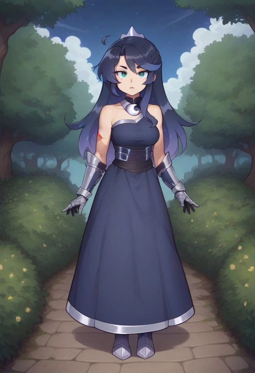 score_9, score_8_up, score_7_up, score_6_up, (humanized, human), 1girl,, princess luna, ((black hair)), hair in front of shoulders, long hair, ((freckles)), anatomically correct, medium breasts, photo_realistic:1.5, high resolution, ,serious face, lidded eyes, detailed background,(outside, on a hill, ((night time)), soft glow, moonlit scene), big eyes, armored gloves, detailed dress, clingy dress, blue dress, skintight dress, fully clothed, exposed shoulders, looking at viewer, standing, armored boots, fit, toned, fit midriff, full body, front view, freckles on shoulders, (((tall))), scar on shoulder, scar on cheek, (solo),
