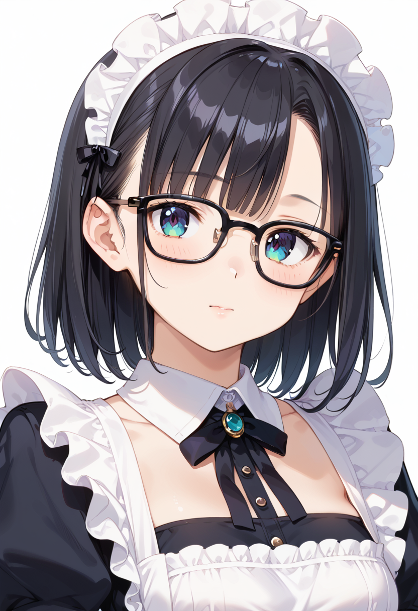 score_9, score_8_up, score_7_up, rating_safe, masterpiece, best quality, absurdres, unity 8k wallpaper, official art, official style, source_anime, uncensored, game cg, megami magazine,
1girl, solo, black hair, medium hair, upper body, covered eyes,maid, maid headdress, black dress, maid apron, face focus,
Wellington24S, glasses, white background, simple background, black-framed eyewear
 <lora:glasses_Wellington24S_PONY_V1:1>