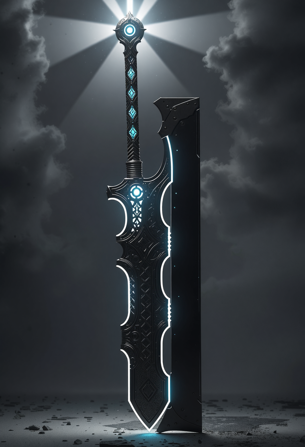 scifi illustration of a futuristic greatsword with a geometrical shape on white background. The blade is fluorescent and glowing bright on the edge, highlighting the silhouette. The handle is intricately detailed with mechanical and electrical elements, underlining its futuristic technology. Highly detailed masterpiece, 4k   <lora:dmd2_sdxl_4step_lora>