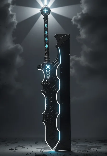 scifi illustration of a futuristic greatsword with a geometrical shape on white background. The blade is fluorescent and glowing bright on the edge, highlighting the silhouette. The handle is intricately detailed with mechanical and electrical elements, underlining its futuristic technology. Highly detailed masterpiece, 4k <lora:dmd2_sdxl_4step_lora>