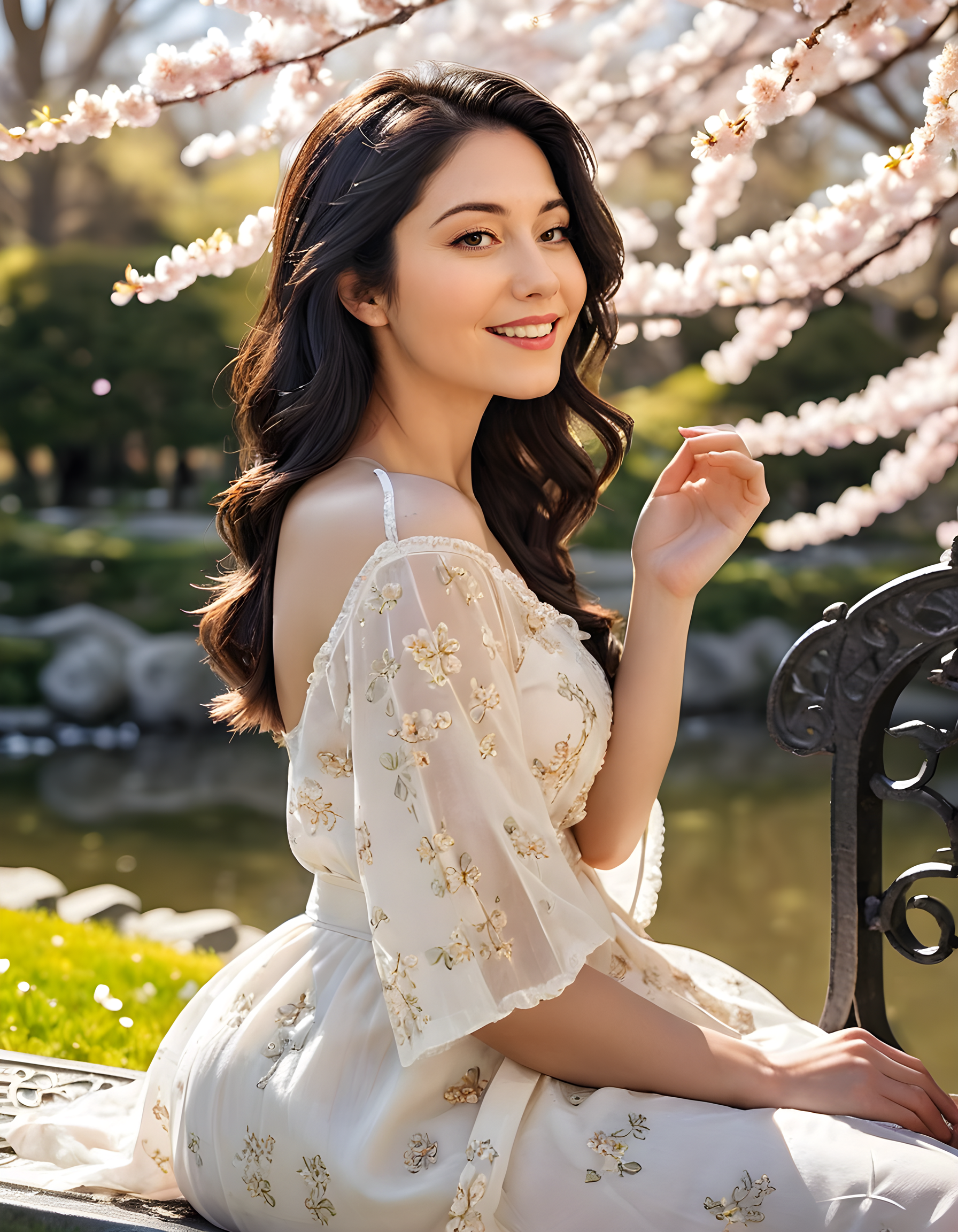 In a vibrant, sunlit park adorned with blooming cherry blossoms and a serene pond, the subject M4RY3W, a woman of radiant beauty, is captured from a low-angle perspective. She stands confidently with her back towards a wrought-iron bench, one hand casually resting on it while the other cradles her chin. Her raven-black hair cascades down her shoulders in loose waves, contrasting starkly against her parted lips that reveal an infectious smile, showcasing pearly white teeth. The soft sunlight filters through the delicate petals of the blossoms, casting a golden glow on her fair skin and highlighting the gentle curves of her face. A sense of tranquility and contentment permeates the scene, making M4RY3W appear as if she is lost in thought amidst the peaceful surroundings.