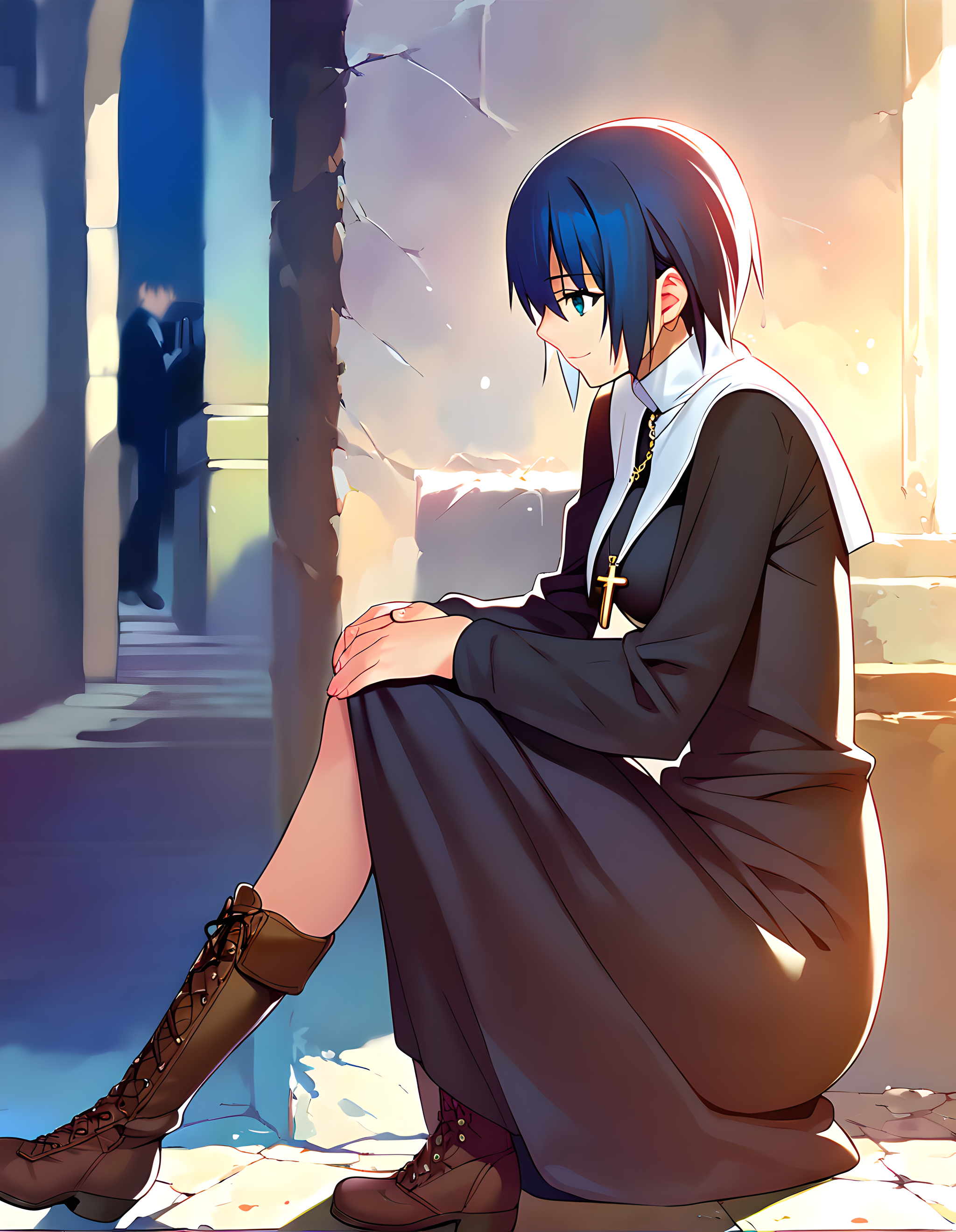 <lora:pony_xl_ciel:0.8>,ciel,score_9,score_8_up,score_7_up,source_anime,1girl,breasts,nun,dress,long sleeves,cross necklace,cross-laced footwear,lace-up boots,boots,necklace,cityscape,midnight,cowboy_shot,profile,smile,sitting,