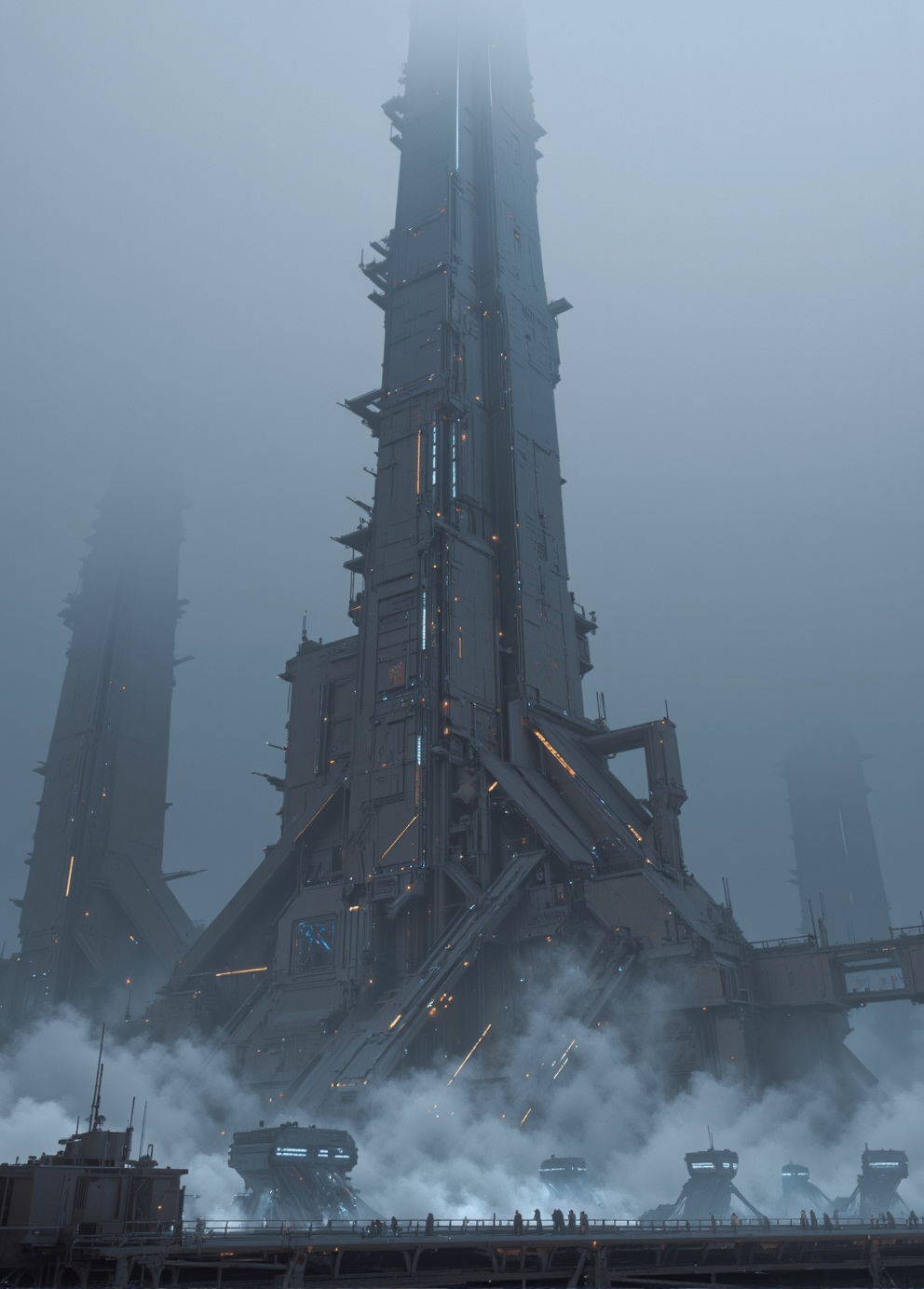 <lora:ck-Sci-Fi-Concepts:0.7>, in the style of ck-sfc, Visualize Artemis Station as a towering, enigmatic structure rising from a cold, fog-laden world. The massive spires stretch skyward, their dark metallic surfaces glistening with condensation from the mist. Each tower is adorned with intricate, glowing lines of orange and blue lights, hinting at the advanced technology within. The fog is thick at ground level, muffling sounds and creating an eerie, quiet atmosphere, while faint mechanical hums reverberate through the air. In the distance, other towering monoliths fade into the fog, creating a sense of endlessness. The lighting is soft and diffused, with occasional beams piercing through the fog from docking bays, casting long, dramatic shadows. The camera is set at ground level, looking up at the overwhelming scale of the station, emphasizing its imposing and mysterious nature. no humans.
<lora:flux.1_lora_flyway_Epic-detail_v2:0.6>
 <lora:CPA:0.5>
 <lora:BLUE_mk4_angel_FLUX_01:0.30>
