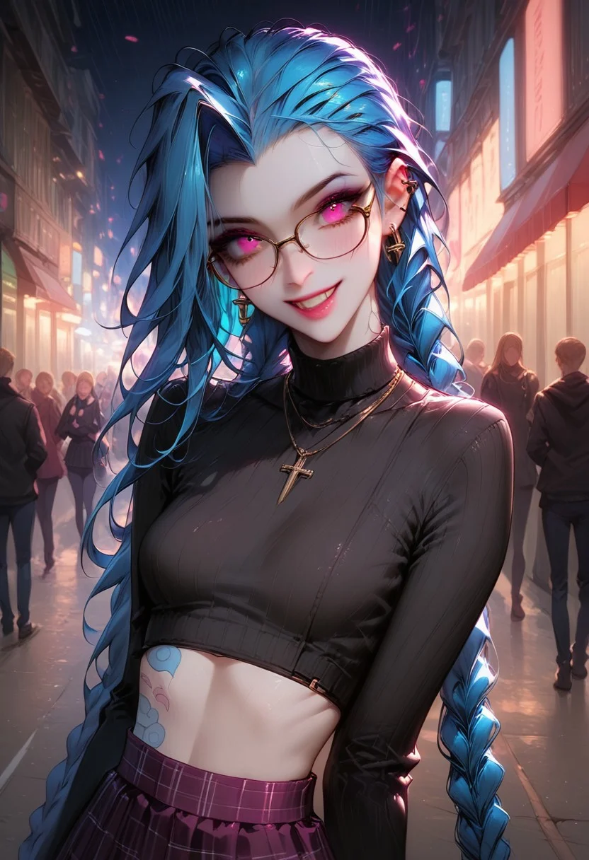 score_9, score_8_up, score_7_up, zPDXL3, ((masterpiece)), ((best quality)), 8k, high detailed, ultra-detailed, highres, intricate details, depth of field, bokeh, LP_jinx, blue hair, pink eyes, 20 years old, detailed, perfecteyes, fit, small breasts, g0th1c, glowing, neon lights, photorealistic, Expressiveh, pretty woman, 1girl, very pale skin, white skin, goth girl, emo, black eyeliner, black eyeshadow, happy, smile, pretty face, long hair, long sleeves, shirt, skirt, sexy pose, public, downtown city, ear piercing, glasses
