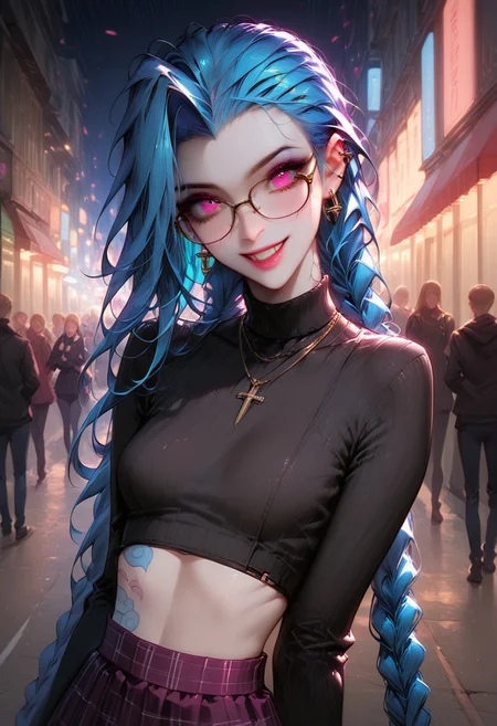 score_9, score_8_up, score_7_up, zPDXL3, ((masterpiece)), ((best quality)), 8k, high detailed, ultra-detailed, highres, intricate details, depth of field, bokeh, LP_jinx, blue hair, pink eyes, 20 years old, detailed, perfecteyes, fit, small breasts, g0th1c, glowing, neon lights, photorealistic, Expressiveh, pretty woman, 1girl, very pale skin, white skin, goth girl, emo, black eyeliner, black eyeshadow, happy, smile, pretty face, long hair, long sleeves, shirt, skirt, sexy pose, public, downtown city, ear piercing, glasses