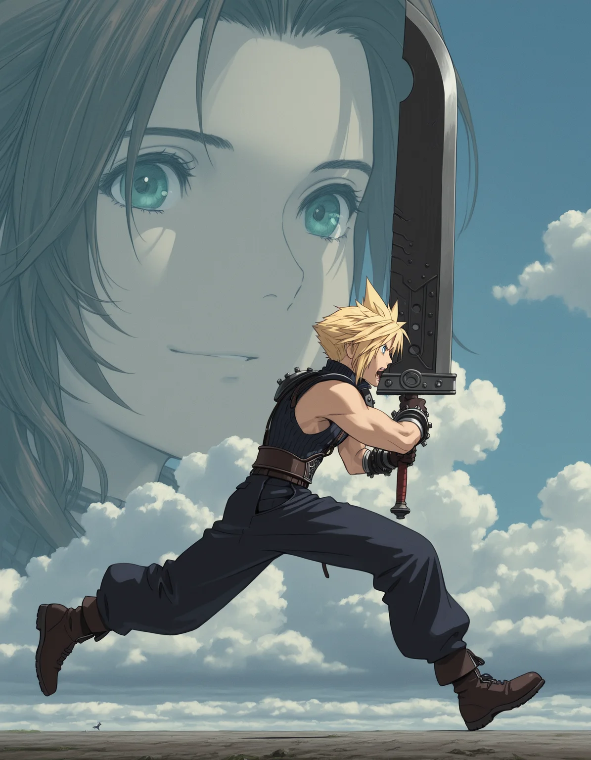 [Base Prompt] studio_ghibli, 1boy, cloud strife \(final fantasy\),  oversized sword, running, from side, masterpiece, best quality, amazing detail, high definition // [Regional Prompting] [Region 1] projected inset, aerith gainsborough, smiling, looking at viewer, [Region 2] cloud strife, angry, screaming, from side