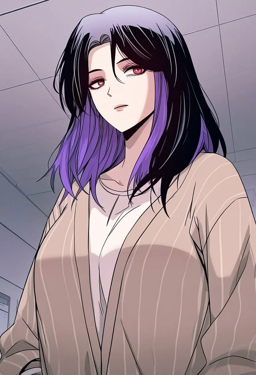 Shin Haein, black hair, multicolored hair, purple hair,red eye