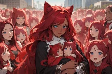 (masterpiece, best quality:1.5), (ultra realistic:1.5), (8k uhd, very high quality:1.5), (extremely detailed face:1.5), (everyone has ruby red cat ears and ruby red hair:1.5), (dark skin mother holding an endless amount of infants and surrounded by an endless amount of her children:1.5), (everyone smiling and happy:1.5), (everyone has bright blue eyes:1.5), (everyone has ruby red cat ears and long ruby red hair:1.5), (dark skin woman holding an endless amount of infants and surrounded by endless amount of her children that fill the entire background:1.5), (the woman is surrounded by an endless amount of her children that fill the entire background:1.5), (city background:1.5), (holding an endless amount of infants, dark skin, ruby red cat ears and ruby red hair:1.5)