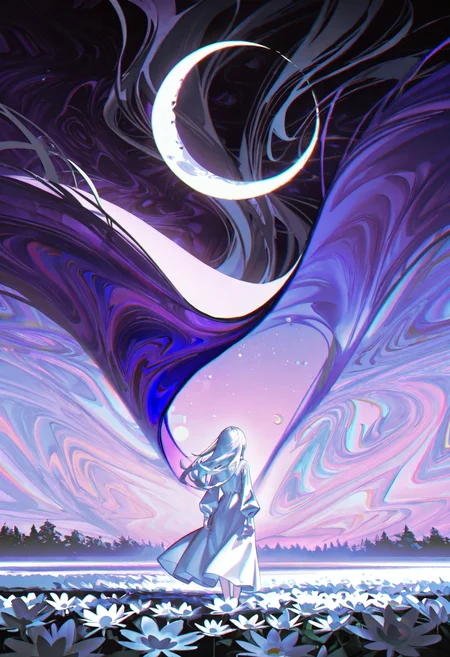 <lora:iumu_kam-illustriousXL_v01_V1-CAME-000035>, iumu_kam, 1girl, solo, long hair, standing, flower, chromatic aberration, dress, from behind, facing away, abstract, abstract background, white hair, long sleeves, purple theme, arms at sides, wide shot, moon, white flower, white dress, nature, full body, surreal, crescent moon