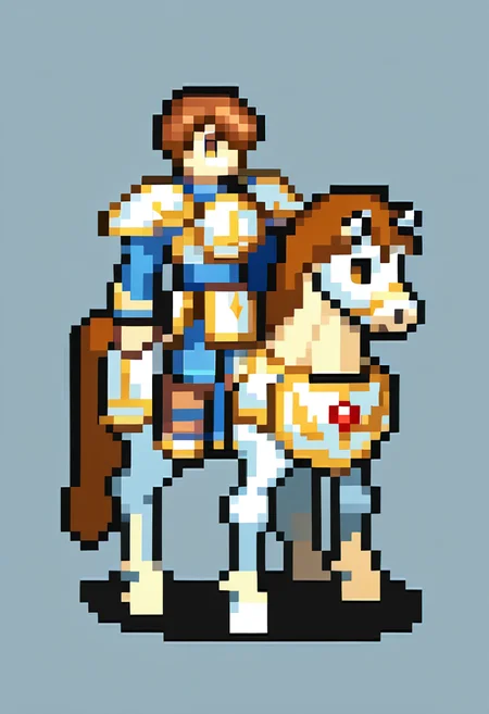 score_9, score_8_up, score_7_up, source_anime, BREAK, solo, 1boy, full body, standing, <lora:FEGBA-SpritesV2-pdxl_Fp:1>, simple background, pixel art, <lora:Leif-pdxl_Fp:1>, leiffe, short hair, brown hair, brown eyes, white armor, horseback riding, horse,