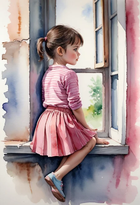 Watercolor painting of a little girl sitting on a window,back side view,striped shirt,pink skirt,
