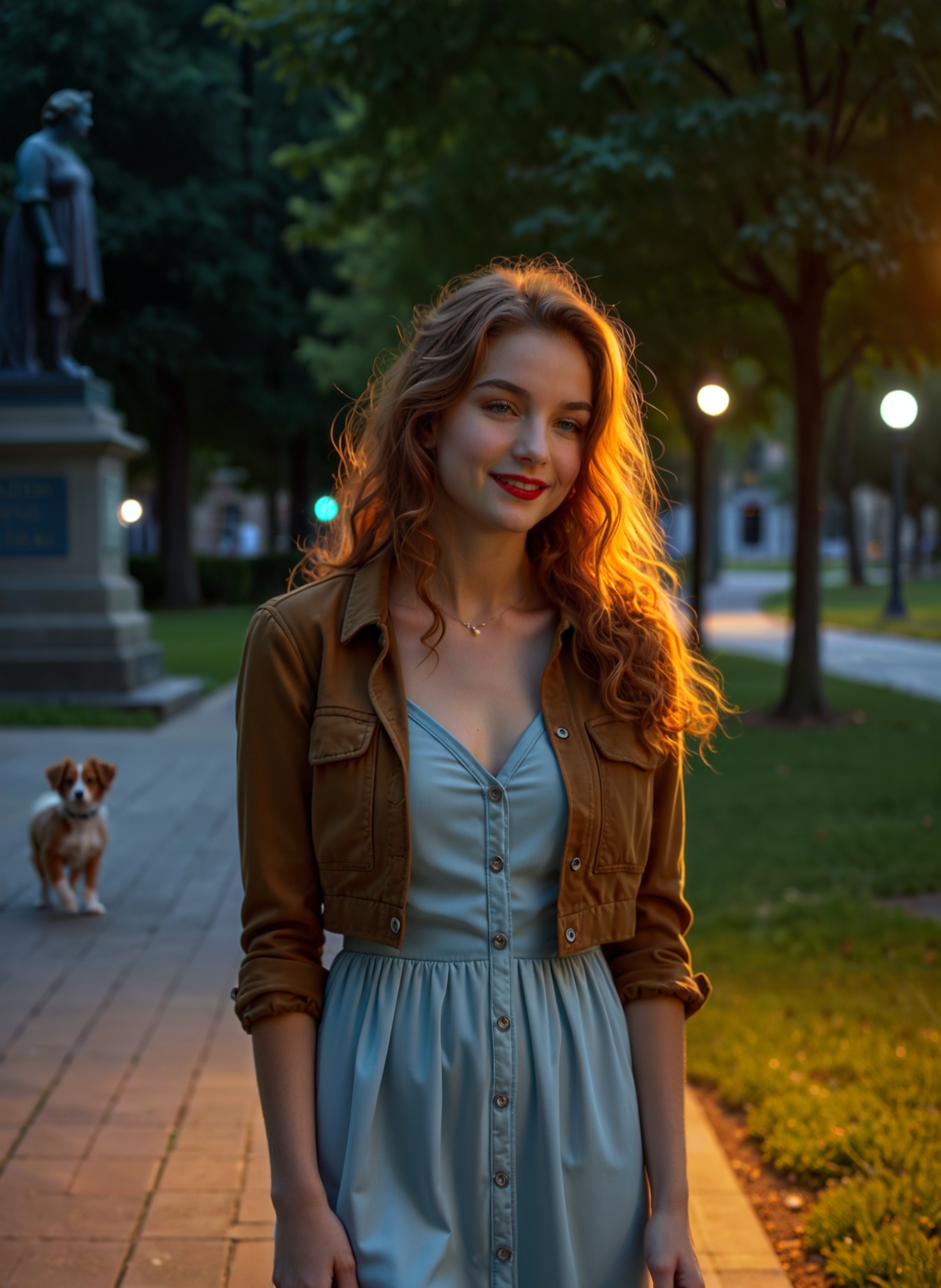 Photograph of a young woman walking on a sidewalk with her dog. She is wearing a light blue dress and a brown jacket. The woman has long red hair and is smiling as she walks. The dog is a small brown puppy with floppy ears. The sidewalk is lined with trees and there are streetlamps on either side. In the background, there is a statue of a woman and a building. The sky is blue, and the sun is setting, casting a warm glow over the scene. <lora:add-detail-xl:.5>  <lora:Flux-style-xl-lora:.5>