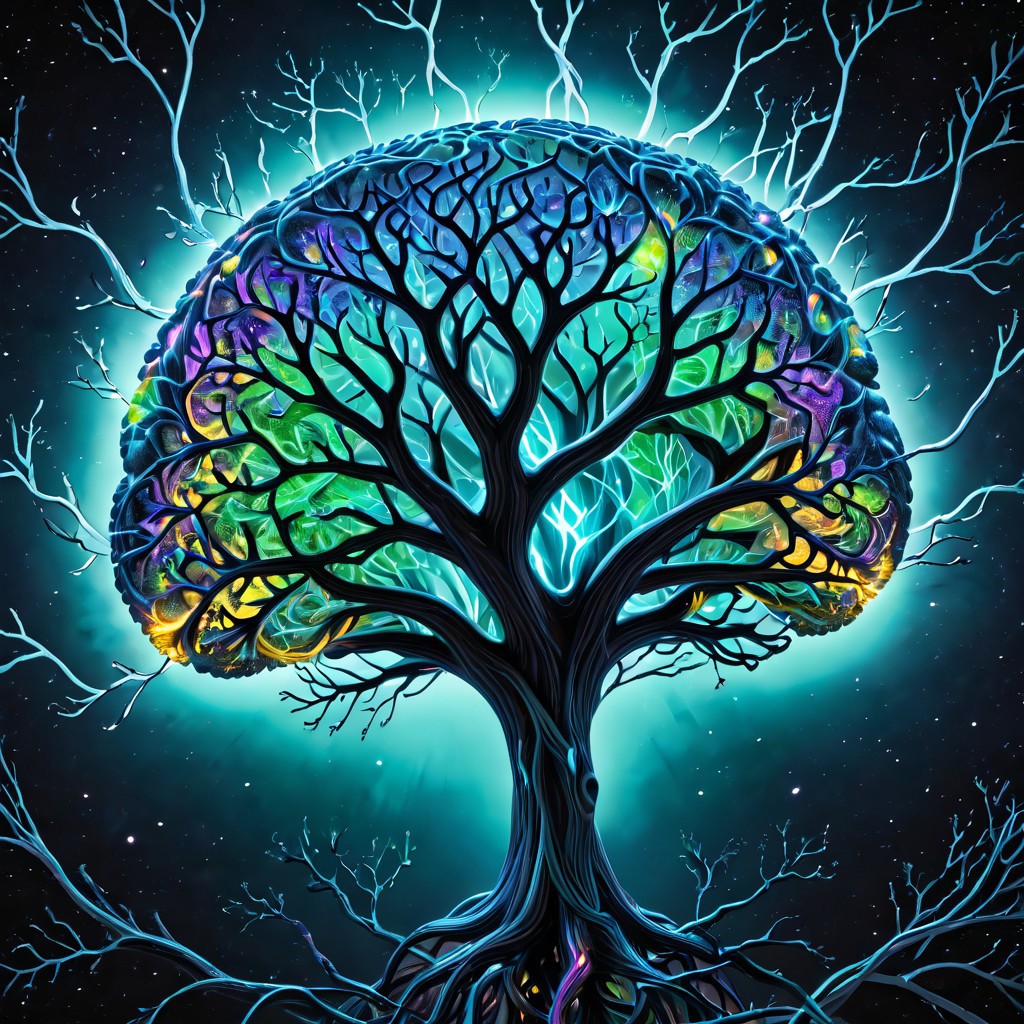 biolumen, detailed human brain, tree, leaf, branches, stem, galaxy, night sky, BL4CK3STBL4CK, black_theme, matte_color, flat color