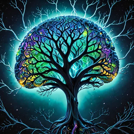 biolumen, detailed human brain, tree, leaf, branches, stem, galaxy, night sky, BL4CK3STBL4CK, black_theme, matte_color, flat color