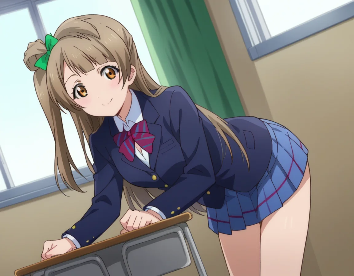 score_9, score_8_up, score_7_up, source_anime,
kotoriminami, <lora:kotori-minami-s1-ponyxl-lora-nochekaiser:1>,
kotori minami, brown hair, brown eyes, one side up, hair ribbon, ribbon, long hair,
blazer, blue skirt, jacket, otonokizaka school uniform, pleated skirt, school uniform, winter uniform,
indoors, classroom, bent over, smile,
looking at viewer, dutch angle, cowboy shot,