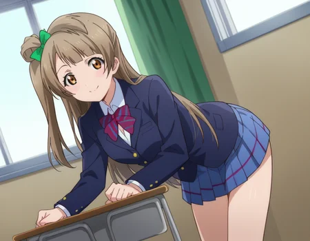 score_9, score_8_up, score_7_up, source_anime,
kotoriminami, <lora:kotori-minami-s1-ponyxl-lora-nochekaiser:1>,
kotori minami, brown hair, brown eyes, one side up, hair ribbon, ribbon, long hair,
blazer, blue skirt, jacket, otonokizaka school uniform, pleated skirt, school uniform, winter uniform,
indoors, classroom, bent over, smile,
looking at viewer, dutch angle, cowboy shot,