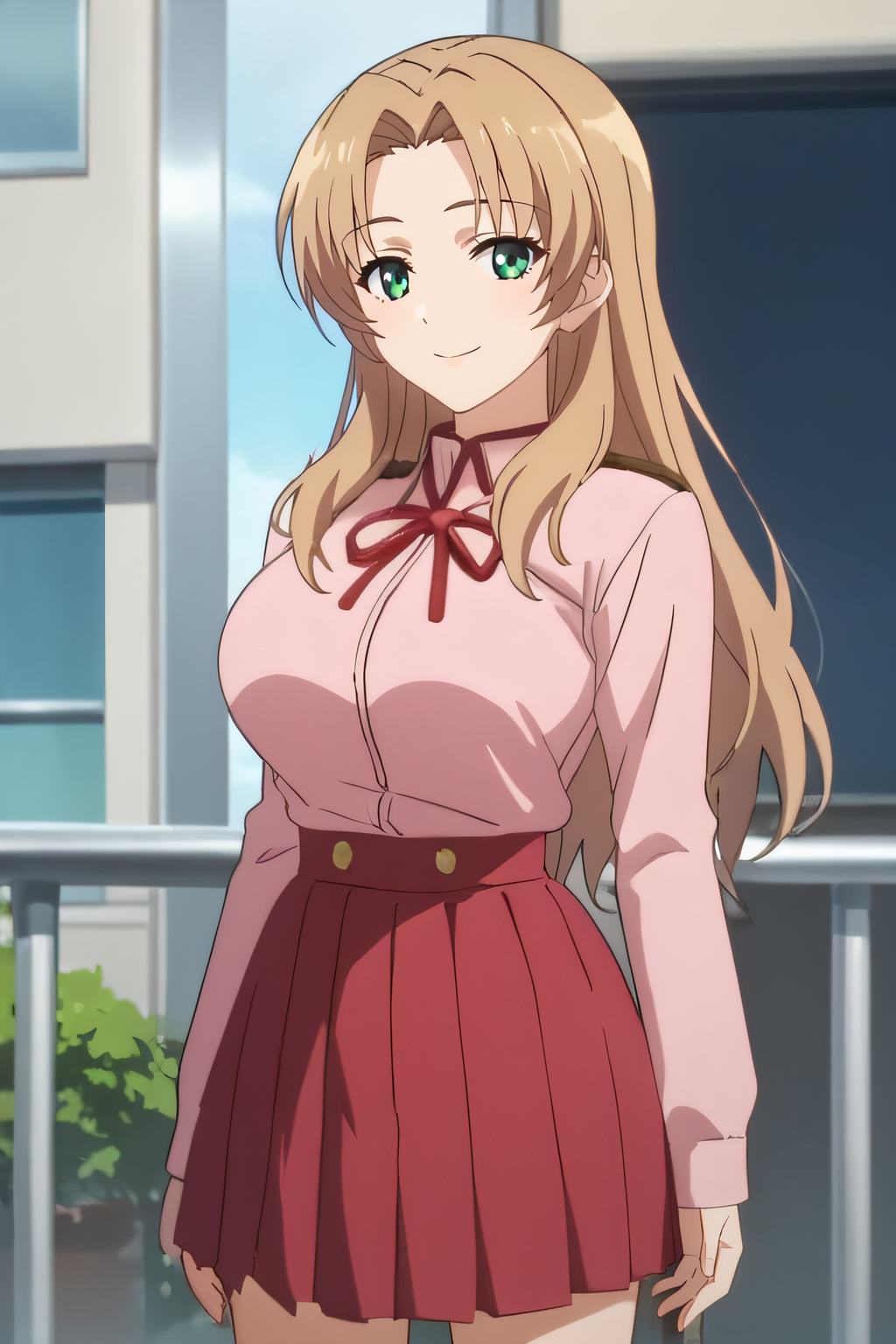 score_9, score_8_up, score_7_up, source_anime, rating_safe, intricate details, anime screencap, official style, 1girl, solo, <lora:PONY_Misaki_Torare:1>, misaki, long hair, light brown hair, green eyes, school uniform, pink shirt, long sleeves, red ribbon, large breasts, red skirt, pleated skirt, looking at viewer, smile, indoor, cowboy shot