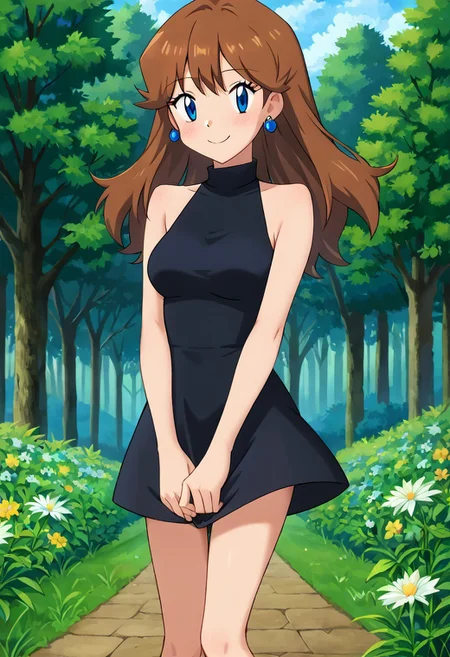 score_9, score_8_up, masterpiece, best quality, uncensored, correct anatomy, detailed background, anime_source, 1girl, solo, alone, perfect eyes, perfect arms, perfect legs, perfect face, outdoors, medium breasts,  bare shoulders, field and forest,
gurin, blue eyes, brown hair, long hair, bangs, sidelocks, black dress, short dress, upper body, (blue earrings, round earrings),
standing, blush, smile, arms at side