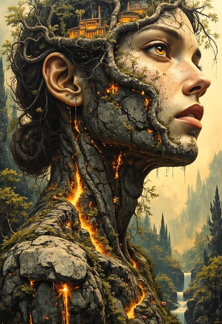 A tight head-and-shoulders portrait of a woman whose form is an extension of the earth itself. Her skin is textured like weathered stone and rich soil, with deep glowing fissures along her collarbone and neck, radiating soft golden light. Embedded veins of molten rock glow faintly beneath the surface. Her eyes are polished amber with flecks of gold and deep mossy green. Small trees and patches of dense greenery grow along her cheekbones and jawline, their leaves mist-covered and softly illuminated. Tiny glowing bioluminescent mushrooms cluster at the base of her throat. Her hair is composed of twisted vines, tangled roots, and blooming wildflowers, interwoven with fallen leaves and delicate petals. As it flows downward, it transforms into a dense, sprawling forest covering her shoulders, where miniature treetop villages are nestled among the branches. Small lanterns hang between the trees, casting a soft, golden glow. Her shoulders and collarbones form rolling hills, with small waterfalls cascading down her form, creating mist that drifts gently through the air. Clear rivers carve through the terrain, their surfaces reflecting warm sunlight. Tiny stone bridges arch over winding streams. Along the slopes of her shoulders, ancient stone ruins, partially covered in ivy, rest in quiet decay. The background is softly blurred, showing golden sunlight.