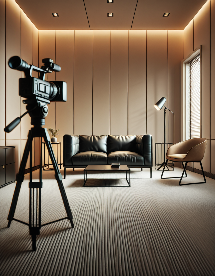 A high-quality, realistic photograph of a modern casting office interior featuring a simple black leather couch positioned against a plain white wall. The couch is sleek, clean, and minimalist in design, with smooth cushions and subtle stitching details. In front of the couch is a small, low wooden coffee table with a few neatly stacked magazines and a glass of water. To the side, there's a professional camera on a tripod aimed at the couch, with softbox lights set up to provide balanced, diffused lighting, eliminating harsh shadows. The floor is covered with light gray carpet, adding a soft texture to the scene. The atmosphere is quiet and neutral, resembling a professional interview space. The overall composition is centered and symmetrical, with a clear focus on the furniture and equipment. No people are present. The photograph has a natural daylight tone coming from an unseen window, giving a soft, ambient glow to the room.
<lora:SDXLFaeTastic2400:0.4> <lora:extremely_detailed:0.4> extremely detailed, <lora:C4st1ng_c0uch-i:1>,C4st1ng c0uch, Masterpiece,best quality,hi res,8k,hi res,8k,award winning,(sharp focus, intricate, highly detailed),