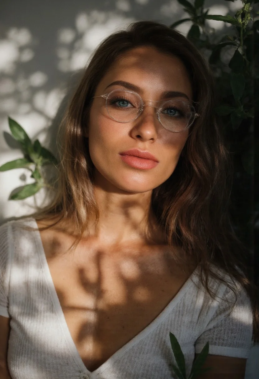 A hyper-realistic portrait. cinematic upper body photo, Dramatic Shadow with a Bold Look, A brunette woman, her hair neatly styled with subtle highlights that catch the light softly, beam of light on her, She wears round, silver-framed glasses perched elegantly on the bridge of her nose, excellent dynamic range, makeup, natural youthful glow. White modern clothes, straight white hair cascading down her shoulders, Her eyes are almond-shaped and striking blue ,accentuated by thick ,eyeliner. Her eyebrows are well-groomed,framing her eyes. arctic circle snow drift, snowing, snowflakes, cold, chill bumps, approaching perfection, dynamic, highly detailed, smooth, sharp focus, intricate details, shallow depth of field, vignette, high budget, bokeh, cinemascope, moody, epic, gorgeous, film grain, grainy,(skin texture:1.4)
adorned with cascading vines and blooming flowers, Extreme emphasize on photorealistic, realistic detail, realistic reflection detail and realistic background detail. surrounded by lush greenery or a garden bathed in soft, golden sunlight filtering through leaves. The atmosphere is one of tranquility and happiness, enhanced by the subtle interplay of light and shadow across the scene