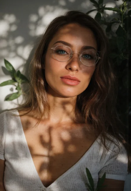 A hyper-realistic portrait. cinematic upper body photo, Dramatic Shadow with a Bold Look, A brunette woman, her hair neatly styled with subtle highlights that catch the light softly, beam of light on her, She wears round, silver-framed glasses perched elegantly on the bridge of her nose, excellent dynamic range, makeup, natural youthful glow. White modern clothes, straight white hair cascading down her shoulders, Her eyes are almond-shaped and striking blue ,accentuated by thick ,eyeliner. Her eyebrows are well-groomed,framing her eyes. arctic circle snow drift, snowing, snowflakes, cold, chill bumps, approaching perfection, dynamic, highly detailed, smooth, sharp focus, intricate details, shallow depth of field, vignette, high budget, bokeh, cinemascope, moody, epic, gorgeous, film grain, grainy,(skin texture:1.4) 
adorned with cascading vines and blooming flowers, Extreme emphasize on photorealistic, realistic detail, realistic reflection detail and realistic background detail. surrounded by lush greenery or a garden bathed in soft, golden sunlight filtering through leaves. The atmosphere is one of tranquility and happiness, enhanced by the subtle interplay of light and shadow across the scene
