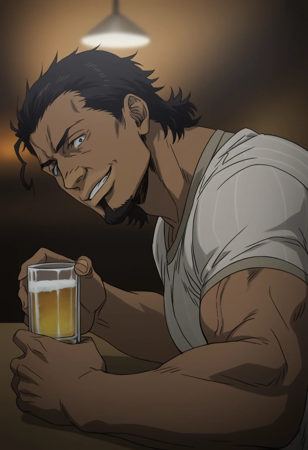 1boy, arnold_gangsta, black hair, dark_skin, tight_striped_t-shirt, Curly hair,medium hair, goatee beard, veiny arms,score_8_up, score_7_up, score_6_up, score_9_up, (manly), (muscular), stocky body, (big muscle), big arms, middle-age man, centered,looking at viewer, face_focus, First-person perspective, pov, detailed eyes, 8k uhd, high quality, anime color, sitting in pub, neon light, dark environment, hold a glass on beer, side view, smile, (((turn head to viewer))), (((face to viewer))), <lora:Arnold:0.6>, <lora:umikochannartv2:0.6>