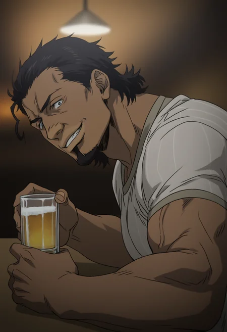 1boy, arnold_gangsta, black hair, dark_skin, tight_striped_t-shirt, Curly hair,medium hair, goatee beard, veiny arms,score_8_up, score_7_up, score_6_up, score_9_up, (manly), (muscular), stocky body, (big muscle), big arms, middle-age man, centered,looking at viewer, face_focus, First-person perspective, pov, detailed eyes, 8k uhd, high quality, anime color, sitting in pub, neon light, dark environment, hold a glass on beer, side view, smile, (((turn head to viewer))), (((face to viewer))), <lora:Arnold:0.6>, <lora:umikochannartv2:0.6>