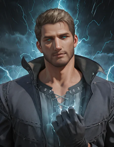 masterpiece, best quality, newest, detailed background, intricate details, male focus, realistic, solo, <lora:FFXVI - Cidolfus Telamon - Illustrious-000008:0.8>, cid_t, 1boy, mature male, green eyes, light brown hair, facial hair, jacket, shirt, gloves, storm, lightning, magic, electricity, holding magic, hand held up, looking at viewer, (glowing blue eyes:1.2), portrait, head tilt