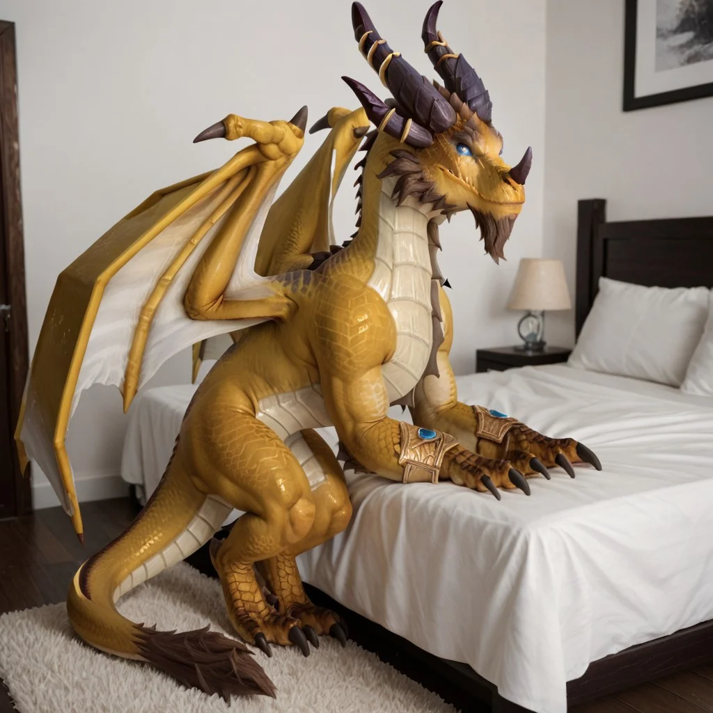 score_9, score_8_up, score_7_up, score_6_up, score_5_up, score_4_up, masterpiece, high quality, realistic, detailed, best quality, white bed, solo, rating_safe, source_furry, bedroom, smiling, sitting on hing legs, sitting on bed, white bed, looking at viewer, full body, nozdormu_wc, dragon, yellow scales, wings, horns, tail, tail end, claws, male, 1boy, blue sclera, black pupils, chest fins, feral
