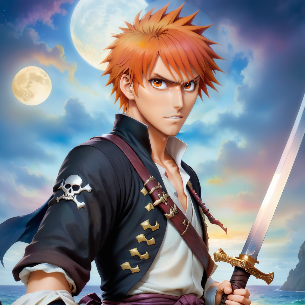 watercolor painting breathtaking ethereal fantasy concept art of  ethereal fantasy concept art of  watercolor painting kurosaki ichigo as a pirate, orange hair,  skull, handmade, delicate, impressionistic, bright, vivid, colorful, highly detailed, magnificent, celestial, ethereal, painterly, epic, majestic, magical, fantasy art, cover art, dreamy,  <lora:ichigov2:0.8>, magnificent, celestial, ethereal, painterly, epic, majestic, magical, fantasy art, cover art, dreamy, masterpiece, award-winning, professional, highly detailed, handmade, delicate, impressionistic, bright, vivid, colorful, highly detailed