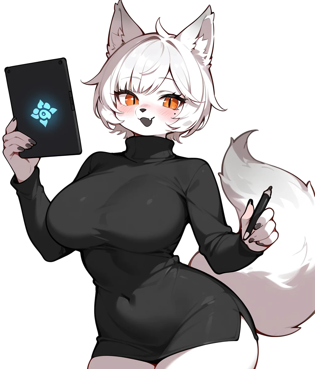 Score_9,score_8_up,score_7_up,solo,1girl,furry,:3,open mouth,glowing_eye,orange eyes,slit pupils,mole under eye,short hair,white hair,big breasts,thick_thighs,curvy,standing,blush,looking at viewer,arctic fox,black turtleneck sweater,fang out,diagonal_bangs,wide hips,kogetail,pale skin,female pervert,drawing tablet,hold a pen,white background,<lora:Role_SaltedFishFox:0.8>,