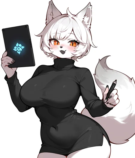 Score_9,score_8_up,score_7_up,solo,1girl,furry,:3,open mouth,glowing_eye,orange eyes,slit pupils,mole under eye,short hair,white hair,big breasts,thick_thighs,curvy,standing,blush,looking at viewer,arctic fox,black turtleneck sweater,fang out,diagonal_bangs,wide hips,kogetail,pale skin,female pervert,drawing tablet,hold a pen,white background,<lora:Role_SaltedFishFox:0.8>,
