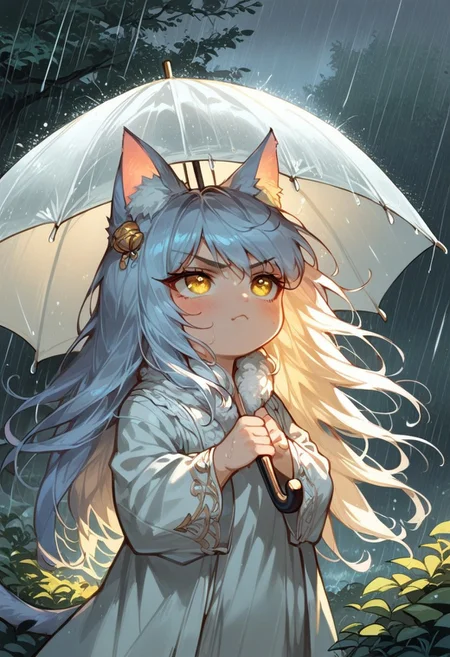 score_9, score_8_up, score_7_up, source_cartoon, 1girl,(ultra HD quality details), catgirl, :<, cat ears, chibi, yellow eyes, looking up, grumpy, lowered ears, holding giant umbrella, holding umbrella over head, standing, fluffy, long hair, (detailed image, high resolution, 5k resolution:1.0), Expressiveh, (heavy rain), wind, bhands