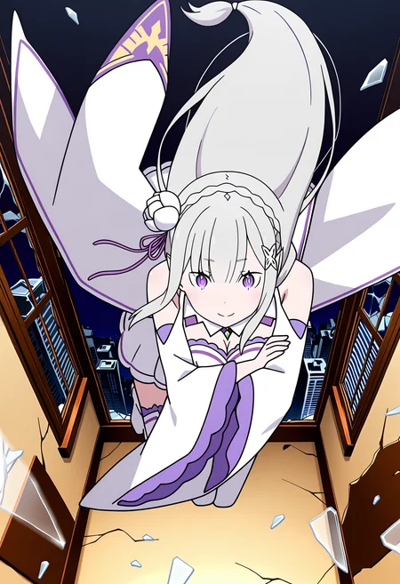 masterpiece, best quality, high resolution, source_anime, highly detailed illustration, detailed eyes,
very aesthetic, absurdres, newest, amazing quality,
1girl, solo, re:zero kara hajimeru isekai seikatsu, anime screencap, anime coloring,
<lora:shiEmiliaV12ill:1> shimilia, long hair, grey hair, purple eyes, pointy ears, crown braid, hair flower, hair ribbon, purple ribbon, x hair ornament, white dress, cleavage, bare shoulders, wide sleeves, white thighhighs, thigh boots,
looking at viewer,
<lora:shiJumpingWindowV1ill:1>, shijumpwindow, breaking through window, broken glass, glass, glass shards,
jumping, window, broken window,
building, skyscraper, city, sky,
ruins, ceiling, debris, crack, indoors, crossed arms, jumping, head down, arm up,
full body, floating hair,
foreshortening, smile,
motion blur, emphasis lines,
autodefenestration,