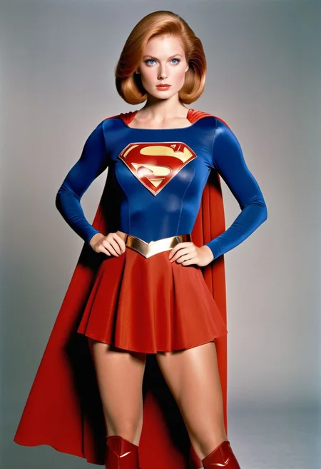 1980s Supergirl film costume, 18-year-old ginger-haired Supergirl, facing camera, shiny voluminous smooth straight side-parting short bob haircut, Supergirl film 1980s, ultra-realistic photo, Hyperdetailed photography, sharp focus