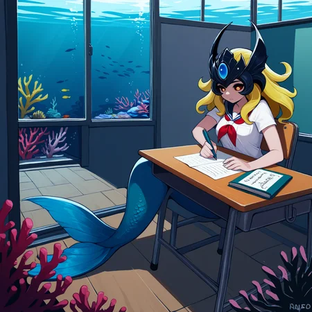 safe, (masterpiece, very aesthetic:1.2), 1girl, namilol, mermaid, school uniform, sitting, desk, writing, classroom, underwater, coral, fish
<lora:Nami-LeagueOfLegends_NAIXL_v10:0.7>