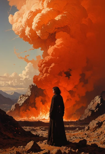 highly detailed and hyper realistic and dynamic. This image is a highly detailed, vividly colored digital painting depicting a dramatic wildfire. The painting, likely created using digital illustration software, features a massive, fiery red-orange cloud of smoke towering over a barren, rocky landscape. The sky is almost completely painted in an intense orange red tone of the fire, smoke and cloud. Only a small part of the sky in the upper left corner of the image is a muted gray, contrasting sharply with the intense orange red of the wildfire. In the foreground, a lone female figure in a long, dark coat stands with her back to the viewer, gazing at the fire. The figure is silhouetted against the bright sky, adding a sense of scale and isolation. The lighting is natural. The background is in focus, showing a distant, dark mountain range and a few small, indistinct huts burning in the fire. The painting's style is realistic with a highly surreal touch and an emphasis on dramatic lighting and vivid colors. The aesthetic quality of the image is very high, with excellent use of contrast and detail. The artist's technique showcases a mastery of digital painting, with smooth textures and dynamic composition.