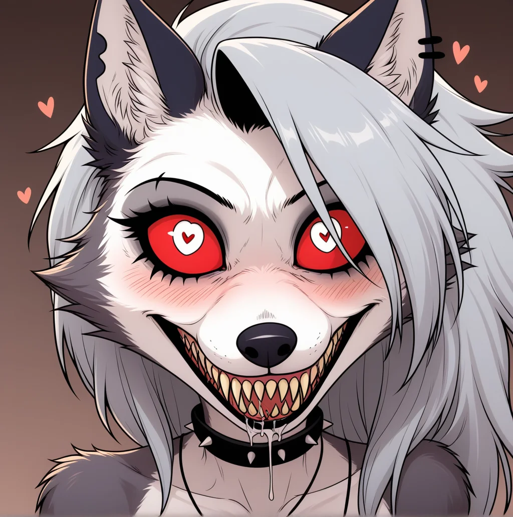 score_9, score_8_up, score_7_up, masterpiece, best quality, amazing quality, very aesthetic, high resolution, ultra-detailed, absurdres, newest, <lora:Yandere_stare_Wolf_indigoNAI:1.5> SP00PY_Y4ND3R3_W00F, horror \(theme\),  solo, female, anthro, black and white, monochrome, manga, male pov,  looking away, black lips, clenched teeth,  stare, wide eyed, grin, insane, insane eyes, furry anthro, messy hair, drooling, eyeliner, eyelashes,  open clothing, heart symbol, heart eyes,   <lora:loona:0.4>  loona, loona \(helluva boss\), anthro, no humans, long hair, side cut hair, grey hair, wolf ears, ear piercing, jewelry, furry, furry female, wolf girl, body fur, two-tone fur, white fur, grey fur, animal nose, wolf tail,  colored sclera, red sclera, white eyes,