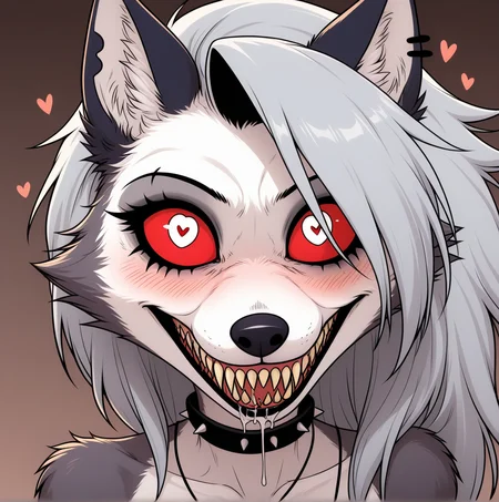 score_9, score_8_up, score_7_up, masterpiece, best quality, amazing quality, very aesthetic, high resolution, ultra-detailed, absurdres, newest, <lora:Yandere_stare_Wolf_indigoNAI:1.5> SP00PY_Y4ND3R3_W00F, horror \(theme\),  solo, female, anthro, black and white, monochrome, manga, male pov,  looking away, black lips, clenched teeth,  stare, wide eyed, grin, insane, insane eyes, furry anthro, messy hair, drooling, eyeliner, eyelashes,  open clothing, heart symbol, heart eyes,   <lora:loona:0.4>  loona, loona \(helluva boss\), anthro, no humans, long hair, side cut hair, grey hair, wolf ears, ear piercing, jewelry, furry, furry female, wolf girl, body fur, two-tone fur, white fur, grey fur, animal nose, wolf tail,  colored sclera, red sclera, white eyes,