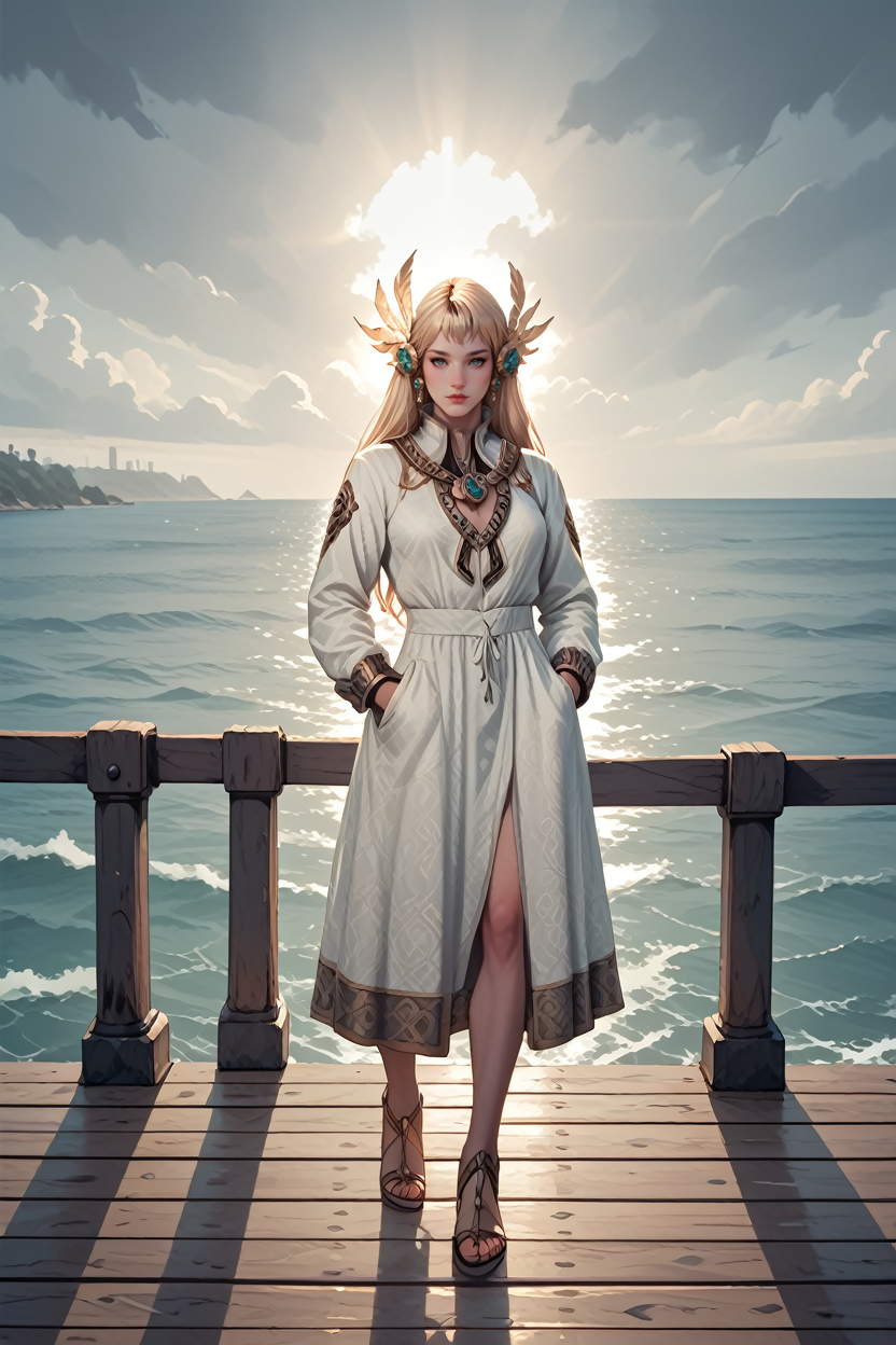 score_9, score_8_up, score_7_up,
<lora:LABeatrice:1.0>
LABeatrice, 1girl, long hair, blonde hair, hair ornament, looking at viewer, standing on a pier, looking out at the ocean, hands in pockets, overcast sky with hints of sunlight breaking through, calm and introspective atmosphere