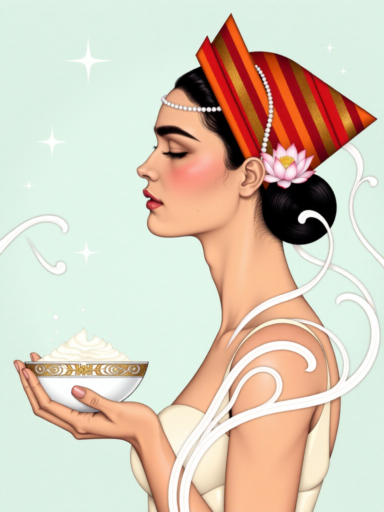ODOM_art <lora:flux-lora-000006:1> A woman, likely 20-30 years old, light-skinned, with a serene expression.  She is adorned with a vibrant, patterned headscarf featuring bold red, orange, and multicolored stripes.  A strand of white pearls encircles her forehead.  Her eyes are closed, and her lips are a soft, coral pink.  She wears a light, cream colored, elegant-style dress.  The pose is a profile view, subtly angled.  She's holding a small, decorative, white bowl, filled with a light, white substance that appears to be in motion.  The bowl is ornately decorated, with subtle patterns.  The background features a pale, light-blue starry sky.  White, stylized, flowing,  wave-like tendrils surround and emerge from the bowl and dress her hair, giving a sense of movement and elegance. A pink lotus flower is near her ear.  The lighting is soft, and there's a subtle, glowing quality to the image, reminiscent of art nouveau.  The composition is centered on the woman's profile and the swirling white design.