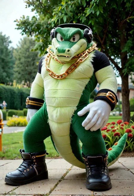 score_9, score_8_up, score_7_up, score_6_up, BREAK, anthro, male, Vector the crocodile, headphones, gold chain necklace, white gloves, black boots, (fursuit), park, looking at viewer, photorealistic
